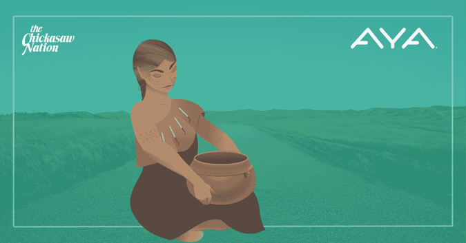Akanowa, a Chickasaw grandmother from the early 1500s, sits holding a pot over a green background.