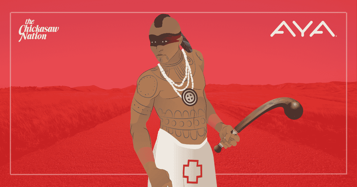 Hikatubby, a Chickasaw warrior from the mid-1500s, stands ready for battle against a red background.