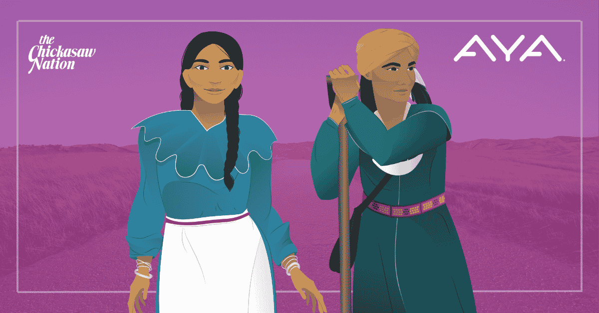 Mah Wah Ta and Solomon, Chickasaw farmers in the early 1800s, stand against a purple background.