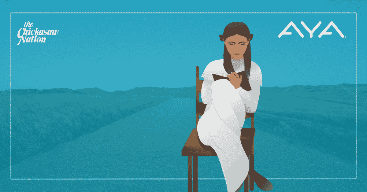 Eliza, a young Chickasaw girl, is studying her school book in a wooden chair against a blue background.