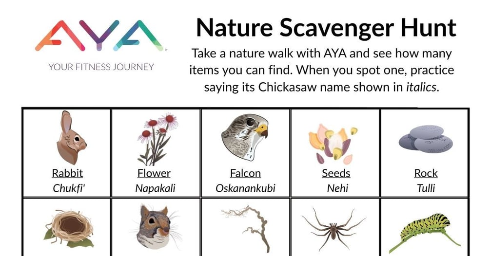 A portion of AYA's Nature Scavenger Hunt PDF with rows of nature items like Rabbit, Flower, Falcon, Seeds, and Rock with the Chickasaw language name below the English name.