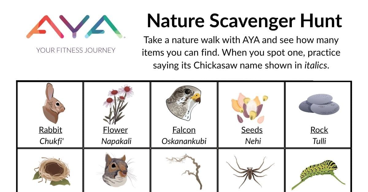 A portion of AYA's Nature Scavenger Hunt PDF with rows of nature items like Rabbit, Flower, Falcon, Seeds, and Rock with the Chickasaw language name below the English name.