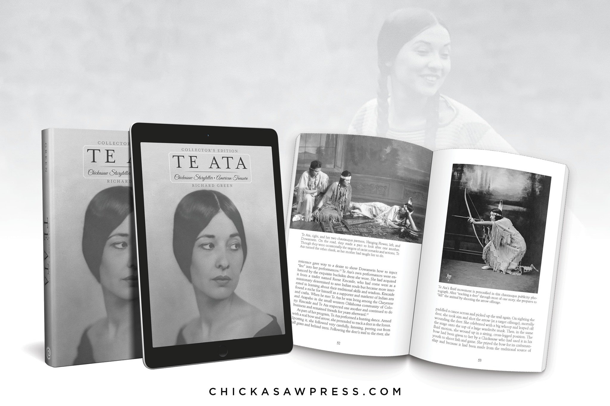 The book, Te Ata: Chickasaw Storyteller American Treasurer, is open to a page with two photos of Te Ata.