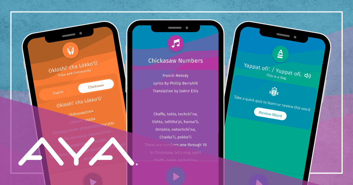 Screens of the AYA Walk App showcasing Chickasaw language learning resources: the first features prayers, the second shows numbers with a song, and the third highlights a phrase, demonstrating the inclusion of Chickasaw words for language learning.