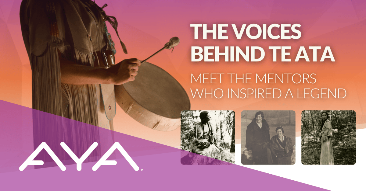 Actor portraying TeAta holds traditional drum mallets in a scene from the Chickasaw film 'Te Ata.' Title reads 'The Voices Behind Te Ata: Meet the Mentors Who Inspired a Legend' alongside three vintage photos and white AYA logo.