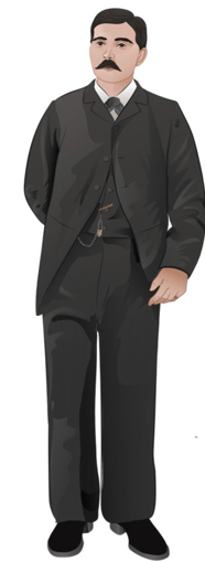 A graphical representation of Governor Douglas H. Johnston in a three piece black suit standing.