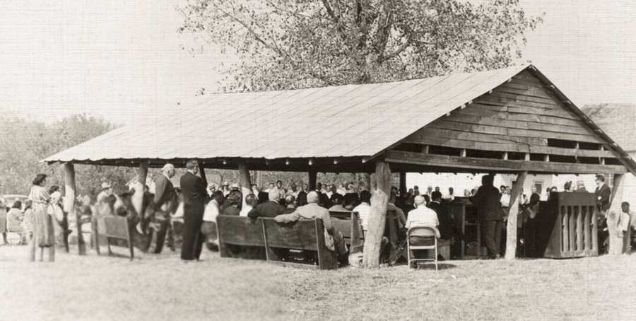 historic Seeley Chapel in 1960. A crowd is gathered.