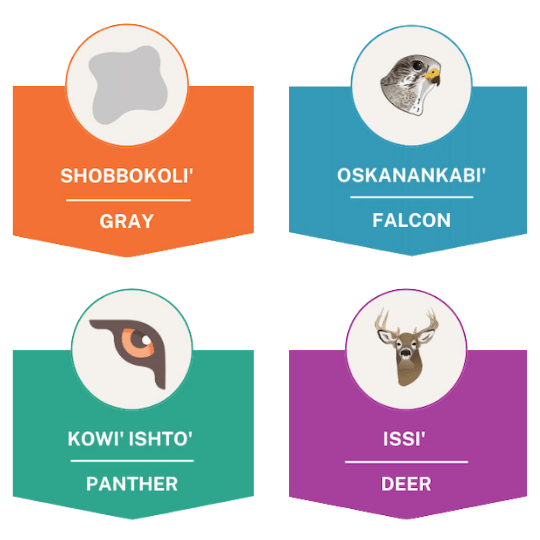 Four colorful badge-style icons showing animals in Chickasaw language: Shobbokoli' (Gray), Oskanankabi' (Falcon), Kowi'ishto' (Panther), and Issi' (Deer). Each badge contains a simple animal illustration in a circular frame with the name in both Chickasaw and English.