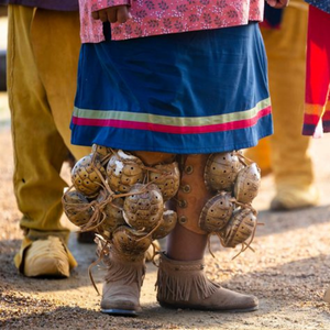 Close-up of a dancer's ankles wearing traditional Chickasaw loksi' shaali (turtle shakers) beneath a ribbon-adorned skirt. Multiple dried turtle shells are tied around the dancer's legs, worn to create rhythm during traditional dances.