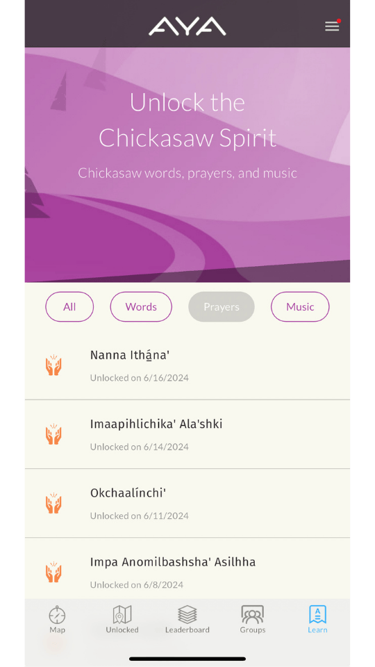 AYA app screen showing 